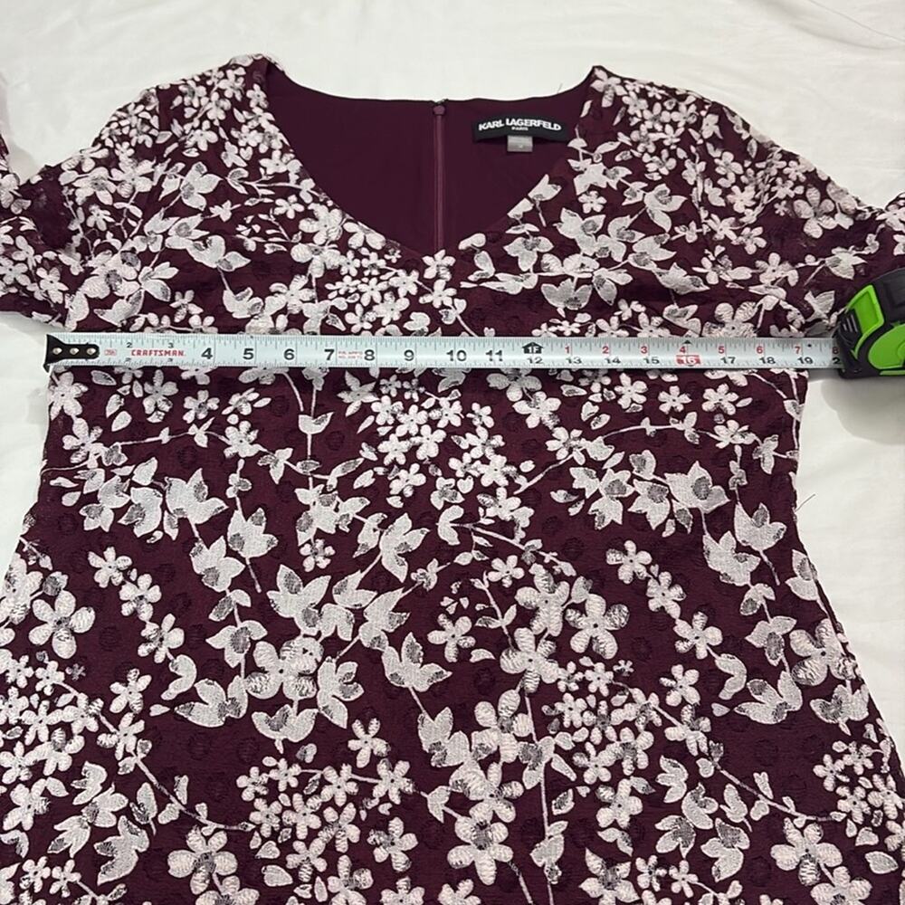 Karl Lagerfeld Womens 14 Dress Carys Floral Ruffle Sleeve Lace Burgundy Feminine - Picture 9 of 9
